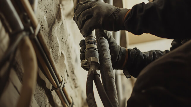 Worker installing electrical conduits inside a building wall. Featuring safety and expertise
