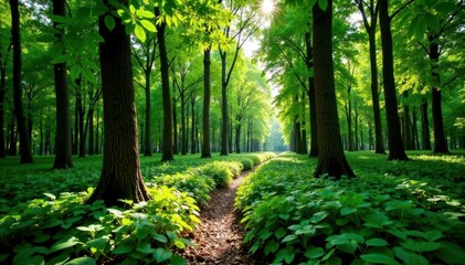 Fototapeta premium Caatinga forest with small Spondias tuberosa trees, green leaves, foliage, caatinga