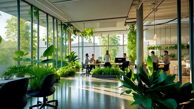 Eco-friendly office space filled with sunlight and lush indoor green plants