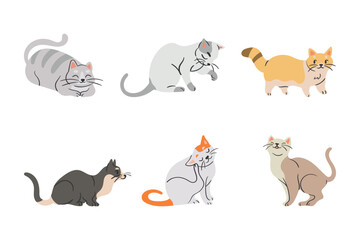 Cute Cats Collection:  A cheerful set of six adorable hand-drawn cats in various poses, showcasing their playful personalities.