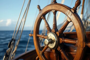 Wooden Steering Wheel On Sailing Vessel With Blue Ocean Background And Natural Light