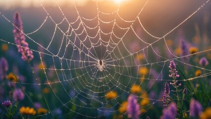 Dew Covered Spiderweb Shines in the Morning Sun Over Wildflowers