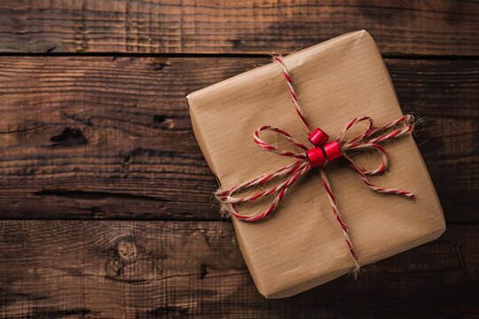 Wrapped Brown Paper Gift with Red Ribbon and Twine on Rustic Wooden Surface