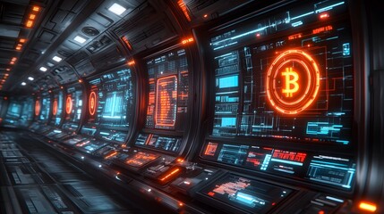 Obraz premium Futuristic control panel displays glowing bitcoin symbols.