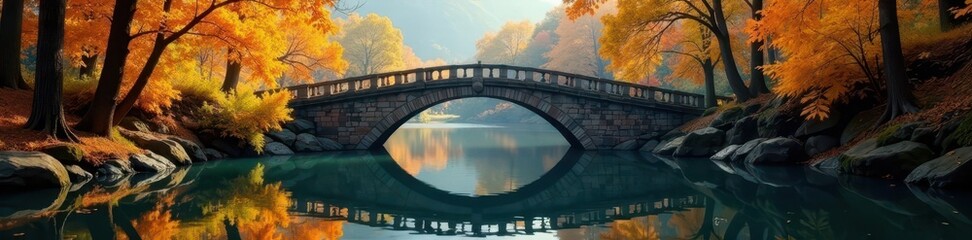 Obraz premium Golden leaves reflected in still water, Ashness Bridge in autumn , september, stone