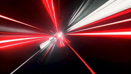 Red and white glowing light trails zooming through tunnel at warp speed