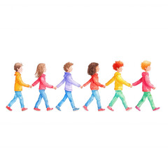 Fototapeta premium A colorful illustration of diverse children holding hands and walking together in a line. Emphasizes friendship, unity, and joy in a playful and vibrant style.