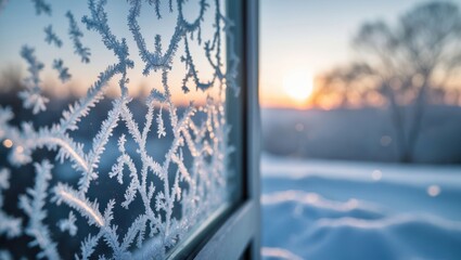 Frosty Window Pattern with Snowy Landscape and Golden Sunset Glow