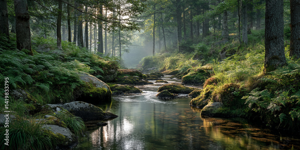 Poster serene forest stream flows between moss-covered rocks, sunlight filtering through lush green canopy,