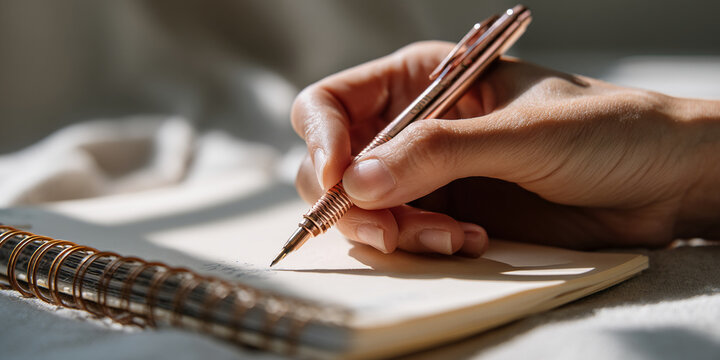 Close-up of a hand holding a rose gold pen, writing in a notebook on a fabric surface, illuminated by sunlight, symbolizing simplicity, focus, and the act of writing—ideal for productivity, journaling