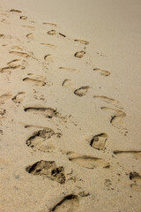 Footprints in the sand at the beach. Sand background