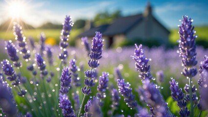 Obraz premium Blooming Lavender Field with Morning Dew and Cottage Background
