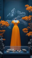 Elegant gown display, mountains, bonsai trees. Fashionable exhibit