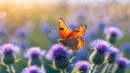 Obraz premium Butterfly Resting on Purple Thistle Flower in Field During Golden Hour