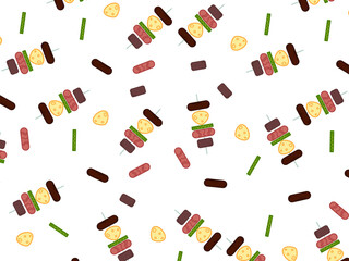 Skewered grilled seamless pattern with greens vegetable, cheese slice, sausages and meats. Doodle Cute cartoon skewered grilled background.  