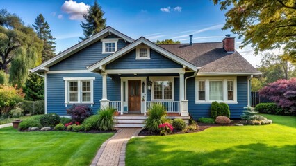 Classic American Bungalow with Blue Exterior and Well-Tended Lawn