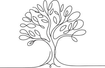 Minimalist tree illustration with graceful curves and continuous line branches forming a whimsical shape with overlapping foliage great for modern nature artwork