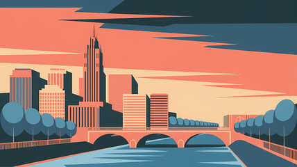Bold Minimalist Illustration of a Geometric Cityscape with Bridge and River under Gradient Sky