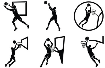 Black silhouette vector sport icons show running, soccer ball, tennis player, basketball, and other sports actions