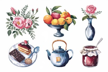 Watercolor illustration of a tea party with assorted treats and flowers.