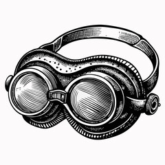 Vintage Steampunk Goggles Hand Drawn Retro Eyewear Illustration in Black and White