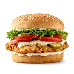 Crispy chicken burger with toppings and sesame bun isolated on white background
