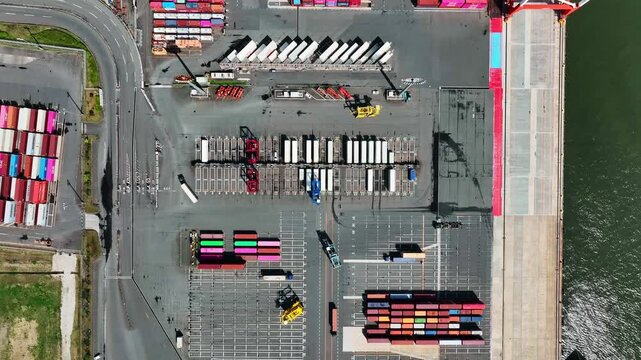 Directly above aerial view of a port container yard