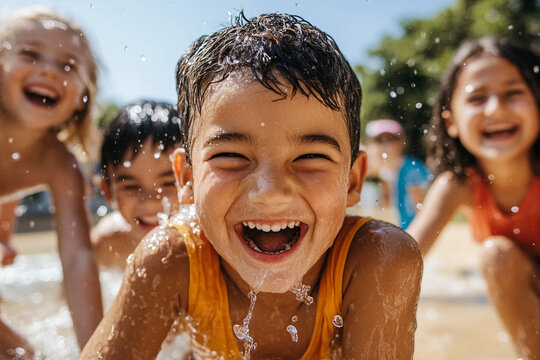 Vibrant image of happy children laughing and playing in a water splash pad during a sunny day, showcasing summer fun and joyful moments