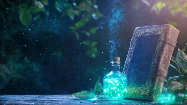 Mysterious Ancient Book and Glowing Potion Bottle Surrounded by Ethereal Foliage and Magical Particles