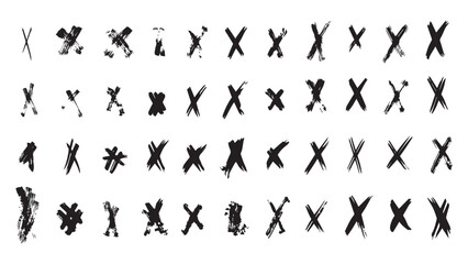 Set of black cross made with grunge brush, bold brush strokes forming cross, incorrect icons, reject vector symbols, vector buttons for vote, collection of crosses drawn with ink, grunge elements
