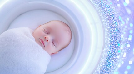 Peaceful Newborn Baby Sleeping Wrapped in Soft White Fabric Inside a Gentle Circular Environment with Blue Ambient Light