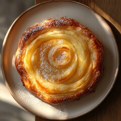 Fototapeta premium top-down pastry item with crispy crust, soft minimal lighting
