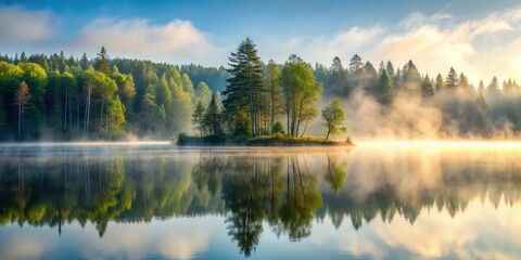 Obraz premium A serene forest with misty fog gently falling on a quiet lake's surface at dawn, mist, lake, mist, lake