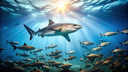 Naklejka premium A school of small fish swimming together in unison behind a large shark, ocean, underwater, ocean