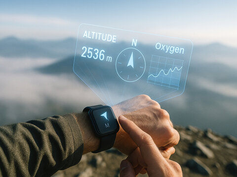 Smartwatch Displaying Altitude, Compass, and Oxygen Levels