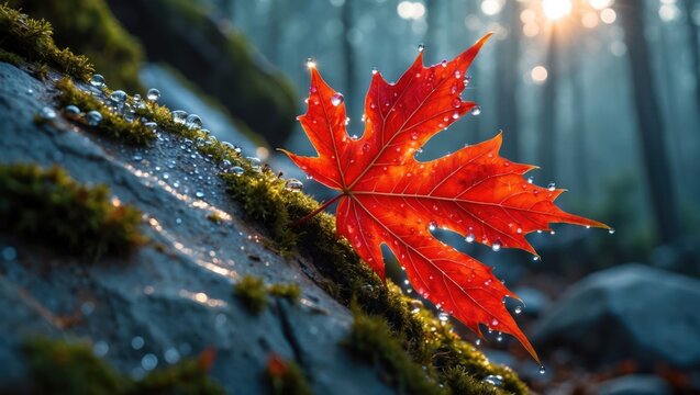 Bright Red Maple Leaf Adorned with Water Droplets on Mossy Rock
