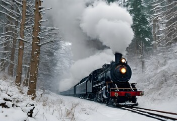 A view of a Train in the winter snow travelling through a forest