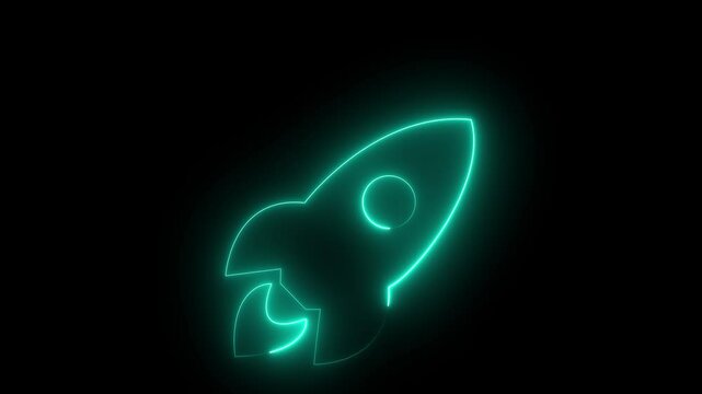 Neon spaceship sign, rocket fly animation. Glowing neon rocket icon, looped flight animation. Spacecraft flight, space technology, 