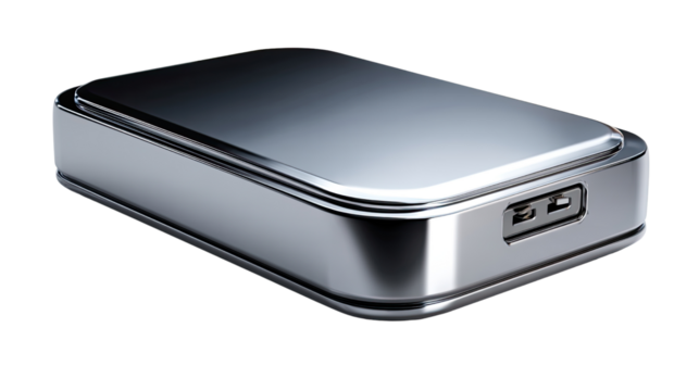 Sleek Metallic Device: A close-up, highly detailed studio shot of a modern, silver-toned device with rounded edges and subtle reflections, showcasing minimalist design and technological precision.