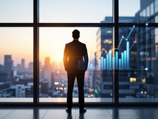 Fototapeta premium Vision-driven business strategy enhances profitability concept. Businessman observing city skyline with financial graphs overlay at sunset.
