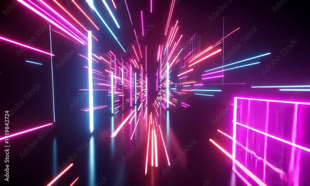 Poster vibrant animated neon background with abstract shapes in motion made with generative ai technology