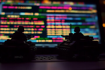 Silhouetted toy tanks facing a brightly colored computer screen displaying code, representing cybersecurity warfare or digital conflict.