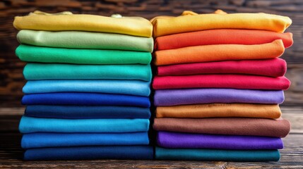 A vibrant display of neatly folded, colorful clothing stacked in layers, showcasing a range of hues from yellow to purple against a wooden background.
