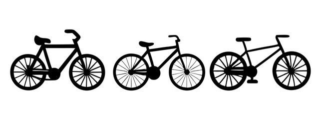 Fototapeta premium Silhouette Set of Three Bicycles – Black Bike Icons on White Background