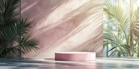 Obraz premium Abstract empty pink podium with palm leaves on a concrete wall background, bathed in sunlight, creating a summer mood ideal for presenting cosmetic products in a 3D render.