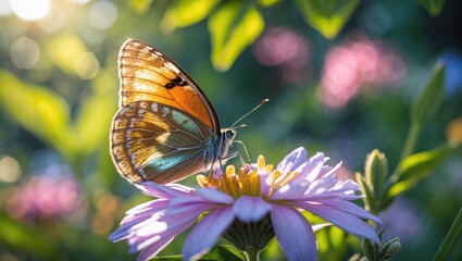 Butterfly Pollinating Flower in Summer Garden with Soft Sunlight