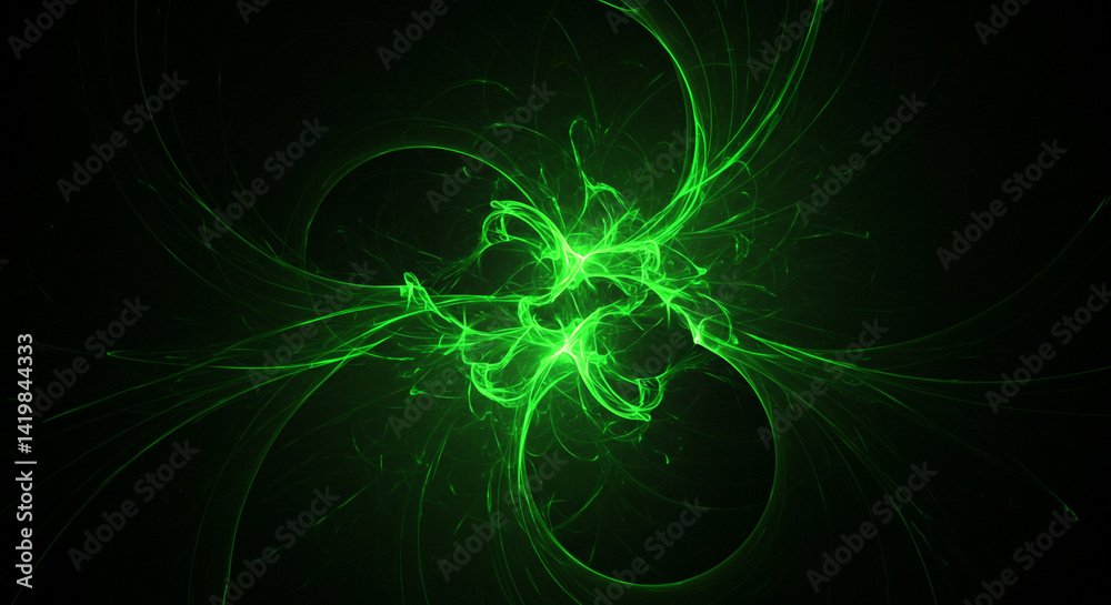 Wall mural abstract green fractal design with swirling patterns and glowing light on a dark background