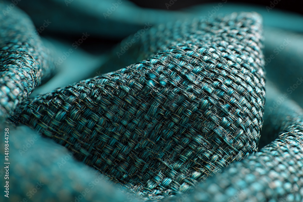 Poster Close-up of teal woven fabric texture, showing intricate weave pattern, suggesting depth and complexity, ideal for textile, design, or background uses