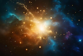 Cosmic abstract background, glowing particles, golden and blue bokeh lights, shimmering dust.