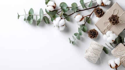 Elegant holiday decoration with cotton stems and pinecones on white background